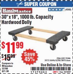 Harbor Freight Coupon 30" X 18" 1000LB. MOVERS DOLLY Lot No. 92486/39757/60496/62398/61897/38970 Expired: 10/19/20 - $11.99