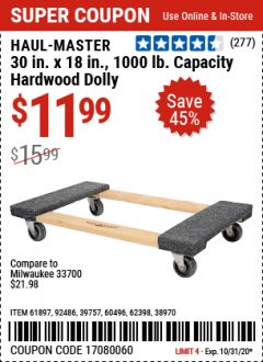 Harbor Freight Coupon 30" X 18" 1000LB. MOVERS DOLLY Lot No. 92486/39757/60496/62398/61897/38970 Expired: 10/31/20 - $11.99