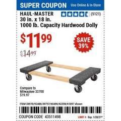 Harbor Freight Coupon 30" X 18" 1000LB. MOVERS DOLLY Lot No. 92486/39757/60496/62398/61897/38970 Expired: 1/29/21 - $11.99