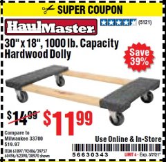 Harbor Freight Coupon 30" X 18" 1000LB. MOVERS DOLLY Lot No. 92486/39757/60496/62398/61897/38970 Expired: 3/7/21 - $11.99