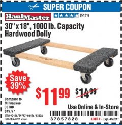 Harbor Freight Coupon 30" X 18" 1000LB. MOVERS DOLLY Lot No. 92486/39757/60496/62398/61897/38970 Expired: 4/2/21 - $11.99