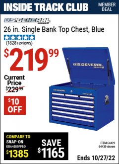 Harbor Freight ITC Coupon 26" SINGLE BANK TOP CHESTS Lot No. 64160/64161/64429/64430/64427/64428/56107/56231/56109/56232/56108/56230 Expired: 10/27/22 - $219.99