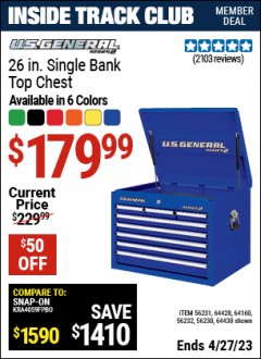 Harbor Freight ITC Coupon 26" SINGLE BANK TOP CHESTS Lot No. 64160/64161/64429/64430/64427/64428/56107/56231/56109/56232/56108/56230 Expired: 4/27/23 - $179.99