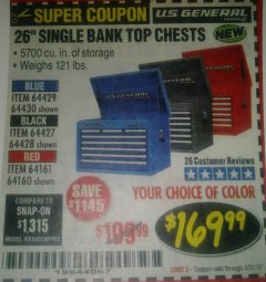 Harbor Freight Coupon 26" SINGLE BANK TOP CHESTS Lot No. 64160/64161/64429/64430/64427/64428/56107/56231/56109/56232/56108/56230 Expired: 3/31/19 - $169.99