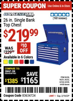 Harbor Freight Coupon 26" SINGLE BANK TOP CHESTS Lot No. 64160/64161/64429/64430/64427/64428/56107/56231/56109/56232/56108/56230 Expired: 2/19/23 - $219.99