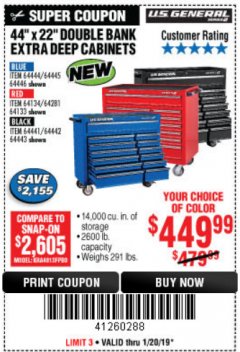 Harbor Freight Coupon 44" X 22" DOUBLE BANK EXTRA DEEP ROLLER CABINETS Lot No. 64444/64445/64446/64441/64442/64443/64281/64134/64133/64954/64955/64956 Expired: 1/20/19 - $449.99