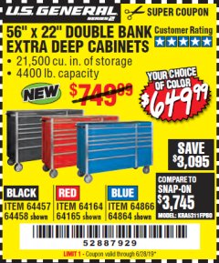 Harbor Freight Coupon 56" X 22" DOUBLE BANK EXTRA DEEP CABINETS Lot No. 64458/64457/64164/64165/64866/64864/56110/56111/56112 Expired: 6/28/19 - $649.99