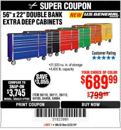 Harbor Freight Coupon 56" X 22" DOUBLE BANK EXTRA DEEP CABINETS Lot No. 64458/64457/64164/64165/64866/64864/56110/56111/56112 Expired: 6/23/19 - $689.99