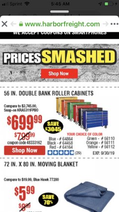 Harbor Freight Coupon 56" X 22" DOUBLE BANK EXTRA DEEP CABINETS Lot No. 64458/64457/64164/64165/64866/64864/56110/56111/56112 Expired: 9/30/19 - $699.99
