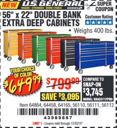 Harbor Freight Coupon 56" X 22" DOUBLE BANK EXTRA DEEP CABINETS Lot No. 64458/64457/64164/64165/64866/64864/56110/56111/56112 Expired: 12/30/19 - $649.99