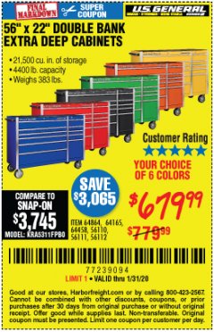 Harbor Freight Coupon 56" X 22" DOUBLE BANK EXTRA DEEP CABINETS Lot No. 64458/64457/64164/64165/64866/64864/56110/56111/56112 Expired: 1/31/20 - $679.99