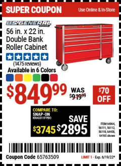 Harbor Freight Coupon 56" X 22" DOUBLE BANK EXTRA DEEP CABINETS Lot No. 64458/64457/64164/64165/64866/64864/56110/56111/56112 Expired: 6/19/22 - $849.99