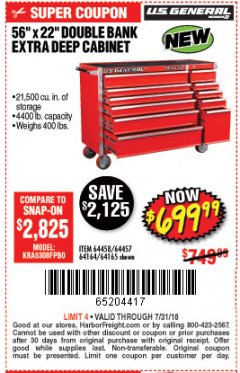 Harbor Freight Coupon 56" X 22" DOUBLE BANK EXTRA DEEP CABINETS Lot No. 64458/64457/64164/64165/64866/64864/56110/56111/56112 Expired: 7/31/18 - $699.99