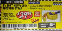 Harbor Freight Coupon 3" X 30 FT. HEAVY DUTY RECOVERY STRAP Lot No. 67230/62808/60579 Expired: 3/31/19 - $29.99