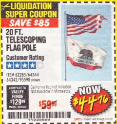 Harbor Freight Coupon ONE STOP GARDENS 20 FT. TELESCOPING FLAG POLE KIT Lot No. 64344/95598/64342 Expired: 6/30/18 - $44.76
