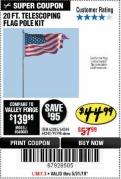 Harbor Freight Coupon ONE STOP GARDENS 20 FT. TELESCOPING FLAG POLE KIT Lot No. 64344/95598/64342 Expired: 5/31/19 - $44.99