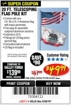 Harbor Freight Coupon ONE STOP GARDENS 20 FT. TELESCOPING FLAG POLE KIT Lot No. 64344/95598/64342 Expired: 6/30/19 - $49.99