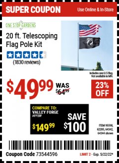 Harbor Freight Coupon ONE STOP GARDENS 20 FT. TELESCOPING FLAG POLE KIT Lot No. 64344/95598/64342 Expired: 5/22/22 - $49.99
