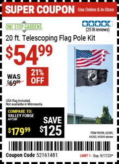 Harbor Freight Coupon ONE STOP GARDENS 20 FT. TELESCOPING FLAG POLE KIT Lot No. 64344/95598/64342 Expired: 9/17/23 - $54.99