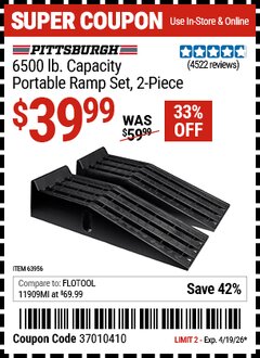 Harbor Freight Coupon PITTSBURGH 6500 LB. CAPACITY PORTABLE RAMP SET, 2-PIECE Lot No. 63956 Valid Thru: 4/19/26 - $39.99