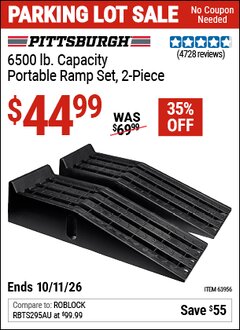 Harbor Freight Coupon PITTSBURGH 6500 LB. CAPACITY PORTABLE RAMP SET, 2-PIECE Lot No. 63956 Expired: 10/11/26 - $44.99
