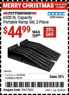 Harbor Freight Coupon PITTSBURGH AUTOMOTIVE 6500 LB. CAPACITY PORTABLE RAMP SET, 2-PIECE Lot No. 63956 Valid Thru: 12/28/25 - $44.99