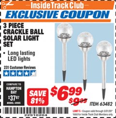 Harbor Freight ITC Coupon 3 PIECE SOLAR GLASS CRACKLE BALL PATHWAY LIGHT SET Lot No. 63482 Expired: 3/31/20 - $6.99