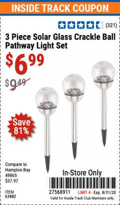Harbor Freight ITC Coupon 3 PIECE SOLAR GLASS CRACKLE BALL PATHWAY LIGHT SET Lot No. 63482 Expired: 8/31/20 - $6.99