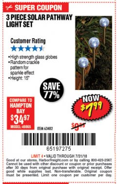 Harbor Freight Coupon 3 PIECE SOLAR GLASS CRACKLE BALL PATHWAY LIGHT SET Lot No. 63482 Expired: 7/31/18 - $7.99