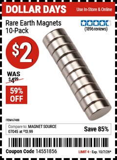Harbor Freight Coupon RARE EARTH MAGNETS, 10-PACK Lot No. 67488 Valid Thru: 10/7/26 - $2