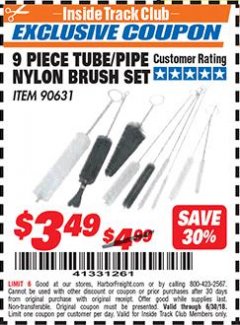 Harbor Freight ITC Coupon 9 PIECE TUBE/PIPE NYLON BRUSH SET Lot No. 90631 Expired: 6/30/18 - $3.49