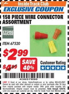 Harbor Freight ITC Coupon STOREHOUSE WIRE CONNECTOR ASSORTMENT, 158-PIECE Lot No. 67520 Expired: 6/30/18 - $2.99
