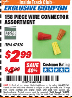Harbor Freight ITC Coupon 158 PIECE WIRE CONNECTOR ASSORTMENT Lot No. 67520 Expired: 10/31/18 - $2.99