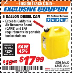 Harbor Freight ITC Coupon 5 GALLON DIESEL CAN Lot No. 63481 Expired: 8/30/19 - $17.99