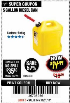 Harbor Freight Coupon 5 GALLON DIESEL CAN Lot No. 63481 Expired: 10/31/18 - $14.99
