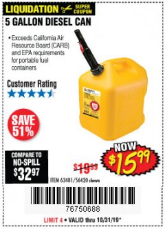 Harbor Freight Coupon 5 GALLON DIESEL CAN Lot No. 63481 Expired: 10/31/19 - $15.99