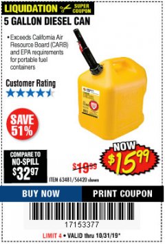 Harbor Freight Coupon 5 GALLON DIESEL CAN Lot No. 63481 Expired: 10/31/19 - $15.99