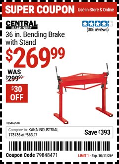Harbor Freight Coupon CENTRAL MACHINERY 36 IN. BENDING BRAKE WITH STAND Lot No. 62518/91012/62335 EXPIRES: 10/11/26 - $269.99