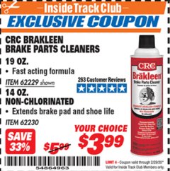 Harbor Freight ITC Coupon CRC BRAKLEEN BRAKE PARTS CLEANER Lot No. 62229/62230 Expired: 2/29/20 - $3.99