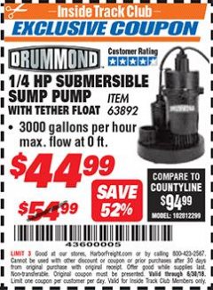 Harbor Freight ITC Coupon 1/4 HP SUBMERSIBLE SUMP PUMP WITH TETHER FLOAT Lot No. 63892 Expired: 6/30/18 - $44.99