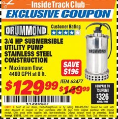 Harbor Freight ITC Coupon 3/4 HP SUBMERSIBLE UTILITY PUMP Lot No. 63477 Expired: 6/30/18 - $129.99