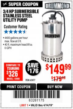 Harbor Freight Coupon 3/4 HP SUBMERSIBLE UTILITY PUMP Lot No. 63477 Expired: 4/14/19 - $149.99