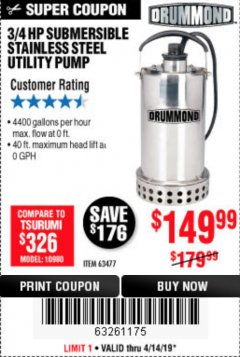 Harbor Freight Coupon 3/4 HP SUBMERSIBLE UTILITY PUMP Lot No. 63477 Expired: 4/14/19 - $149.99