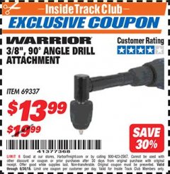 Harbor Freight ITC Coupon 3/8", 90° ANGLE DRILL ATTACHMENT - WARRIOR Lot No. 69337 Expired: 6/30/18 - $13.99