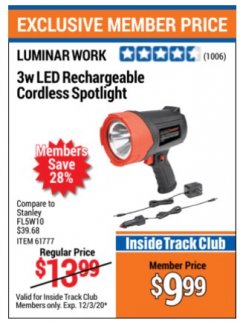 Harbor Freight ITC Coupon 3 WATT LED RECHARGEABLE CORDLESS SPOTLIGHT Lot No. 61777/69286/61960 Expired: 12/3/20 - $9.99