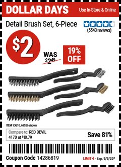 Harbor Freight Coupon DETAIL BRUSH SET, 6-PIECE Lot No. 69526/62616 Expired: 9/9/26 - $2
