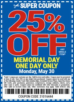 Harbor Freight Coupon 25 percent off coupon expires: 5/30/22