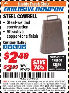 Harbor Freight ITC Coupon STEEL COWBELL Lot No. 97659 Expired: 6/30/18 - $2.49