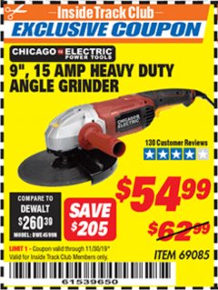 Harbor Freight ITC Coupon 9", 15 AMP HEAVY DUTY ANGLE GRINDER Lot No. 69085 Expired: 11/30/19 - $54.99