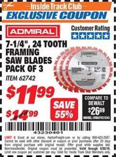 Harbor Freight ITC Coupon 7-14", 24 TOOTH FRAMING SAW BLADES PACK OF 3 Lot No. 62742 Expired: 6/30/18 - $11.99